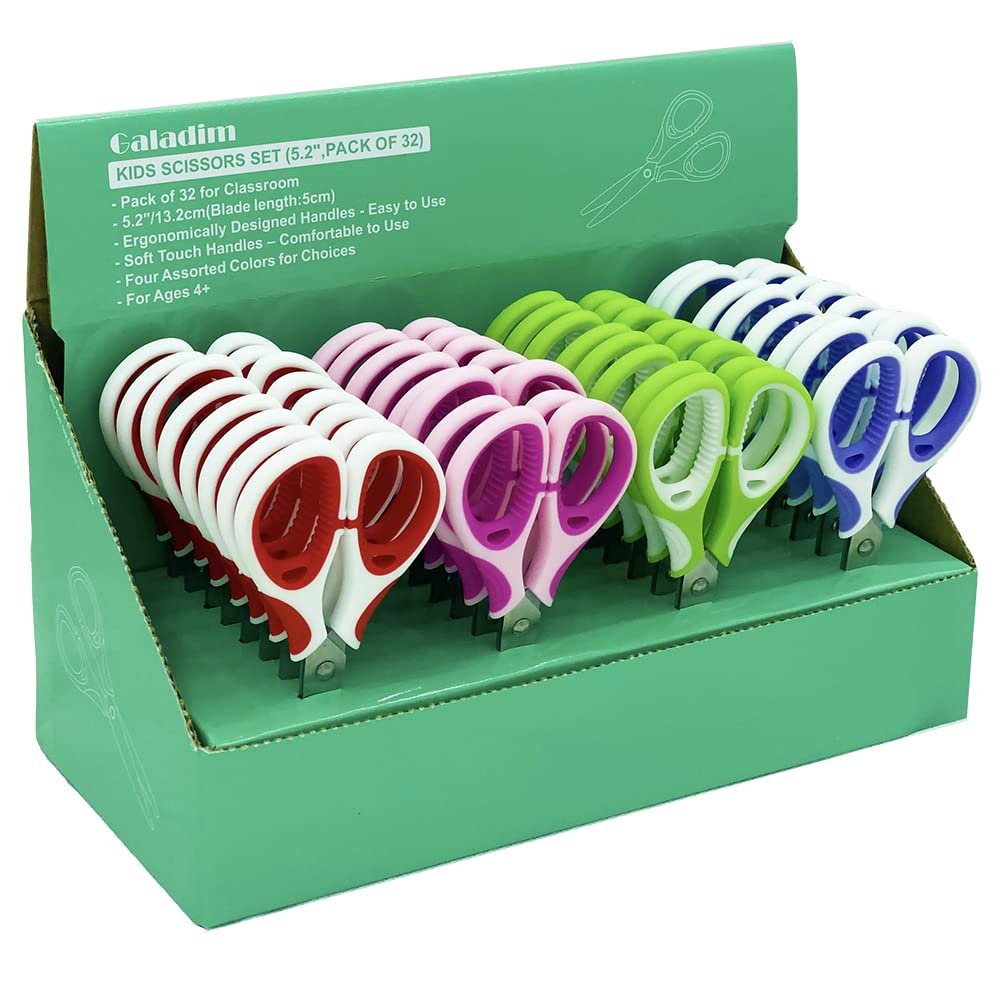 Galadim Kids Scissors (32 Count Teacher Pack, Rounded-tip, 5.2 Inch) - 5.2 Soft Touch Rounded School Student Scissors Shears GD-016-P-L (Pack of 32)