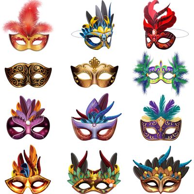 Blulu 24 Pcs Mardi Gras Masks Carnival Parade Faux Feather Face Waterproof Cardboard Masks Masquerade Party New Orleans Fantasy for Women Man Costume Party Favors