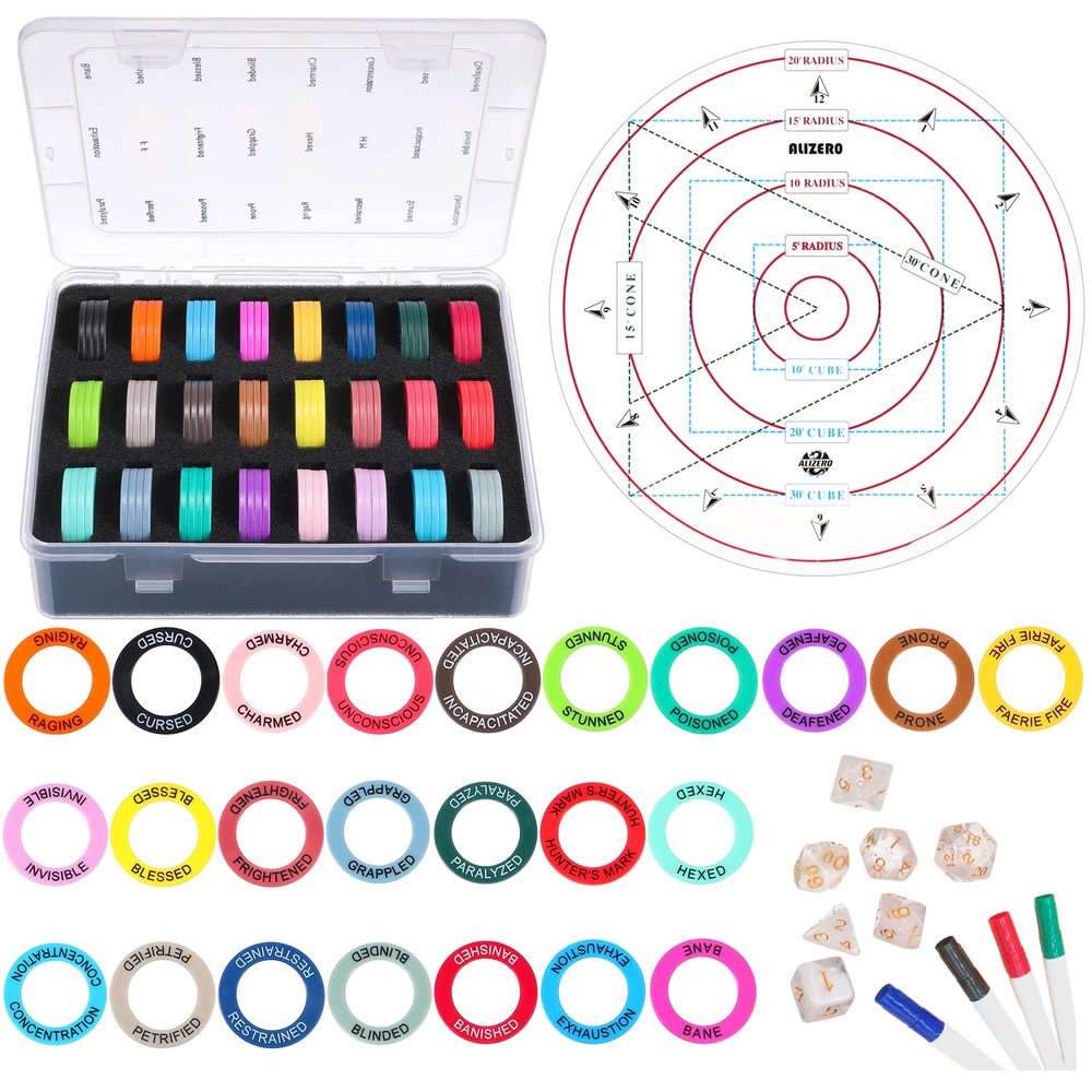 ALIZERO Tabletop RPG DND Condition Markers Set and Spell AOE Damage Marker D&D Area Effect Template, with 96 DND Status Effect Markers in 24 Frequently Used Conditions