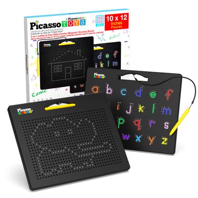 PicassoTiles 2-in-1 Magnetic Drawing Board Toy 12x10 inch Large Magnet Bead Tablet Pad with 2 Facings Alphabet STEM Free Style Educational Erasable & Reusable Learning Writing Playboard in Black PTB04