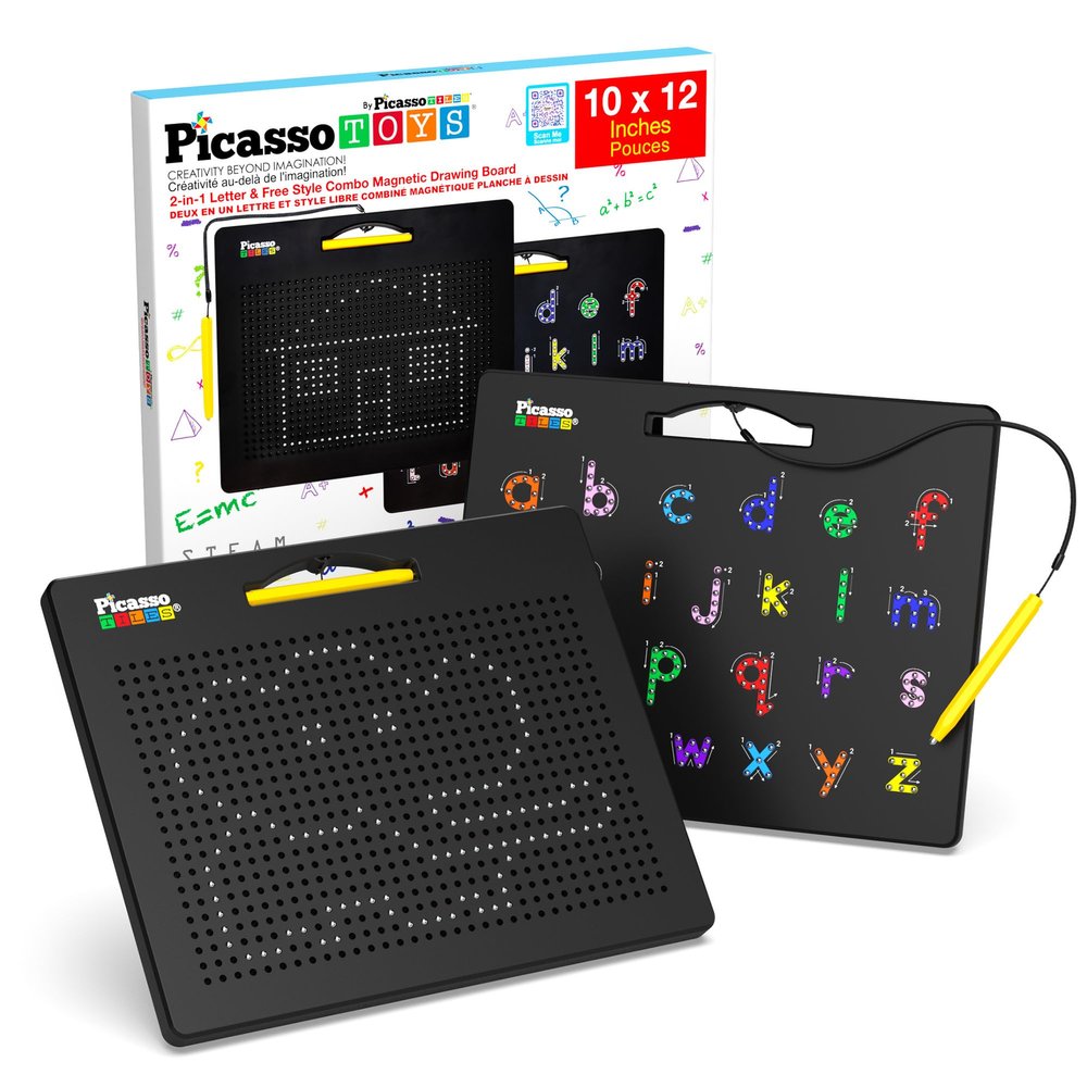 PicassoTiles 2-in-1 Magnetic Drawing Board Toy 12x10 inch Large Magnet Bead Tablet Pad with 2 Facings Alphabet STEM Free Style Educational Erasable & Reusable Learning Writing Playboard in Black PTB04