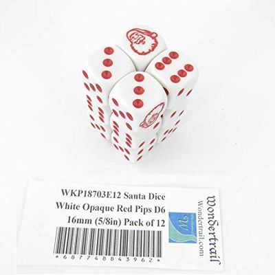 Santa Dice White Opaque with Red Pips D6 16mm (5/8in) Pack of 12 Wondertrail