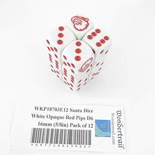 Santa Dice White Opaque with Red Pips D6 16mm (5/8in) Pack of 12 Wondertrail