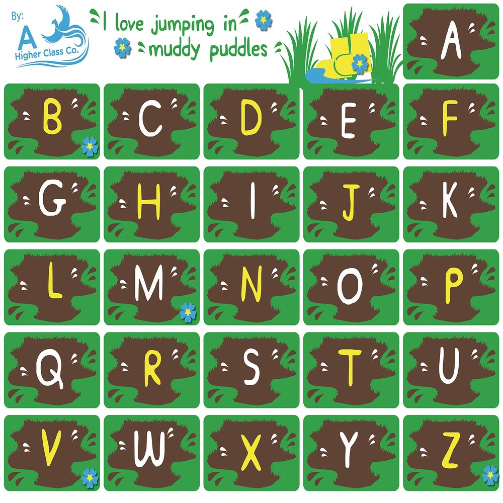 A Higher Class Co. Classroom Sensory Path Kit - I Love Jumping in Muddy Puddles Alphabet Splash - with 67 Durable Floor Decals Stickers