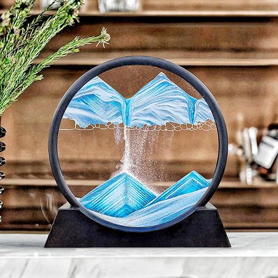 7.5inch Moving Sand Art Picture Liquid Motion 3D Round Glass Quicksand Decor Deep Sea Sandscapes with Display Flowing Sand Frame Desktop Office Relaxing Art Gifts Toys(Blue)