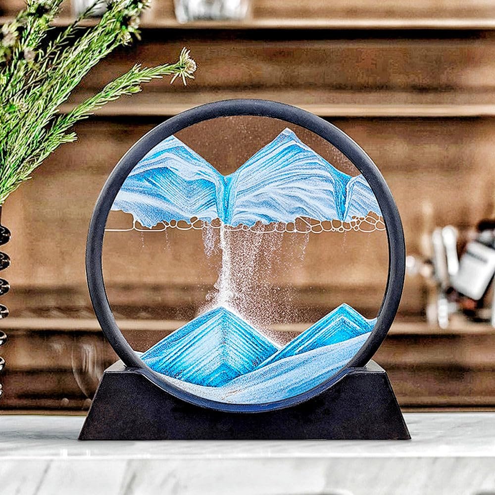 7.5inch Moving Sand Art Picture Liquid Motion 3D Round Glass Quicksand Decor Deep Sea Sandscapes with Display Flowing Sand Frame Desktop Office Relaxing Art Gifts Toys(Blue)