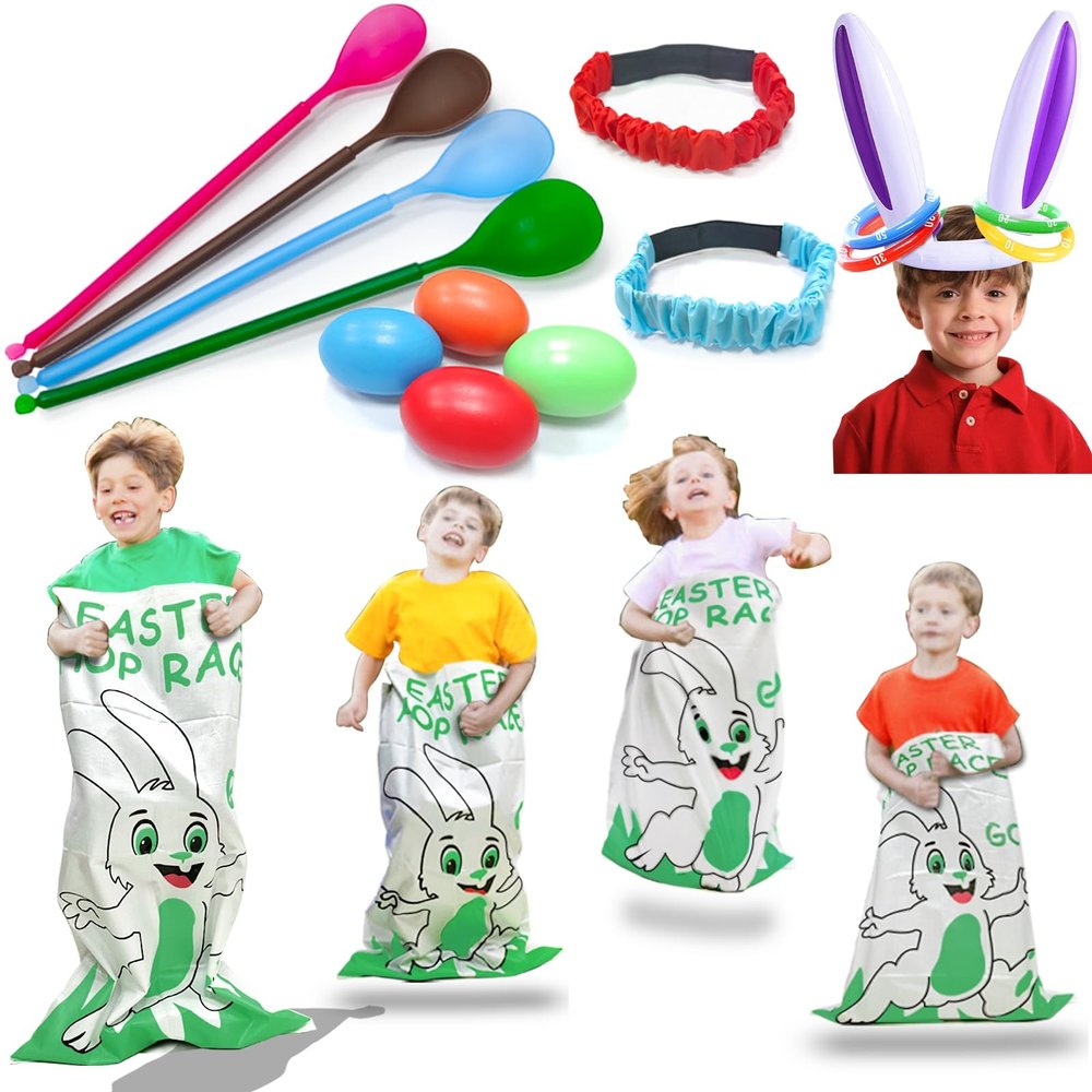 19 Pack Easter Outdoor Party Games for Kid Family, School Carnival Game 4 Bunny Potato Sack Race Bag, Egg and Spoon Relay Race, 2 3-Legged Band, 1 Ear Ring Toss Game (4 Score Rings) Easter Eggs Hunt