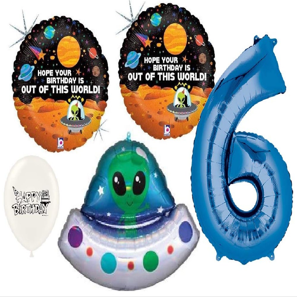 Alien Space Ship Happy Birthday Party 5 Piece Bouquet of Balloons (Blue Number 6)