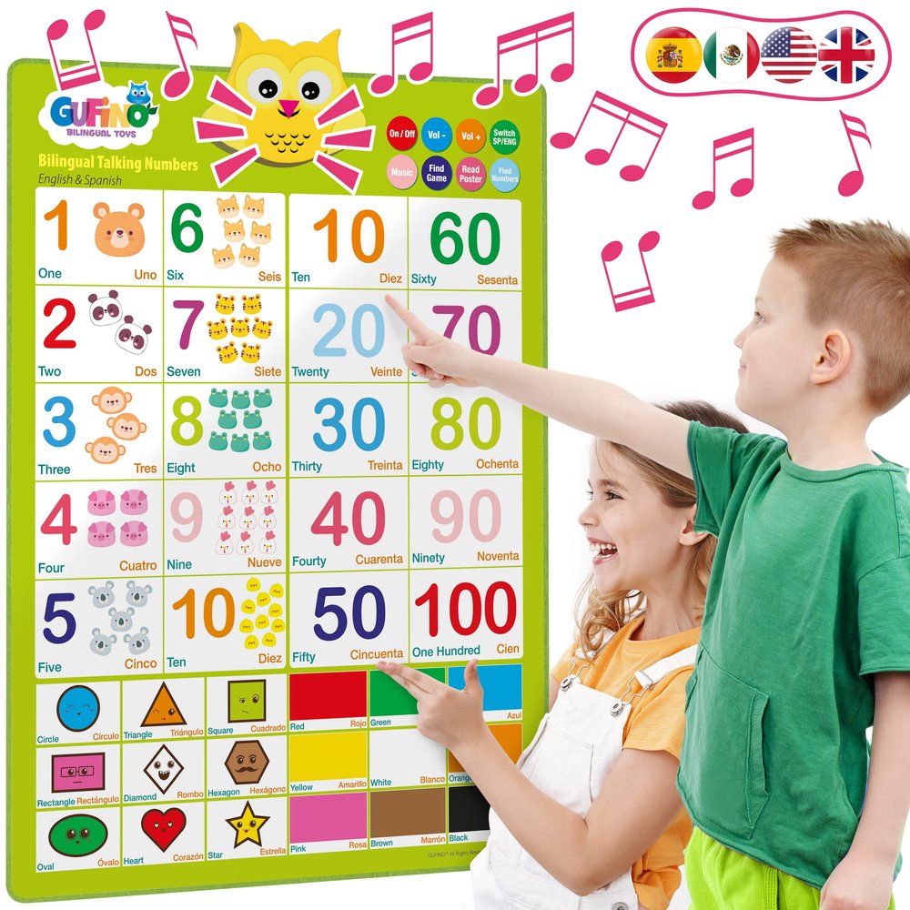 Bilingual Learning Toys - Spanish Toys for Toddlers 1-3, Interactive Number Toys, Numbers for Toddlers - Educational Talking Wall Chart for Kids