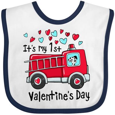 inktastic It's My 1st Valentine's Day Fire Truck with Cute Dalmatian Baby Bib White and Navy 39a27