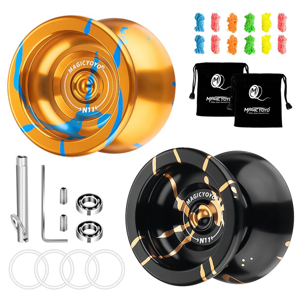 MAGICYOYO N11 Professional Unresponsive Yoyo - Alloy Aluminum YoYo Ball with Responsive Bearings Kit, 2 Bags and 12 Yoyo Strings - Black Golden and Golden Blue