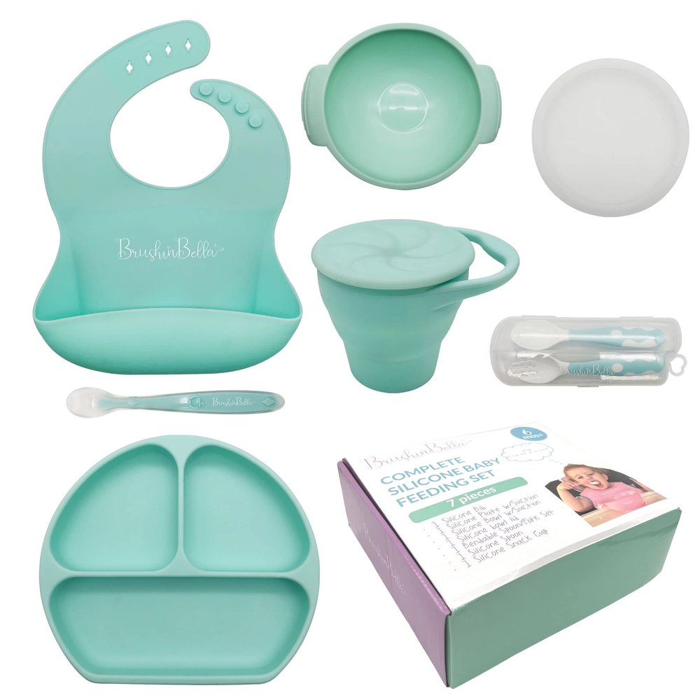 BrushinBella Baby Feeding Supplies - Complete Baby Feeding Set with Baby Plate, Baby Spoons First Stage, Silicone Bib and Snack Cup - Infant Eating Utensils and Baby Bowl with Suction