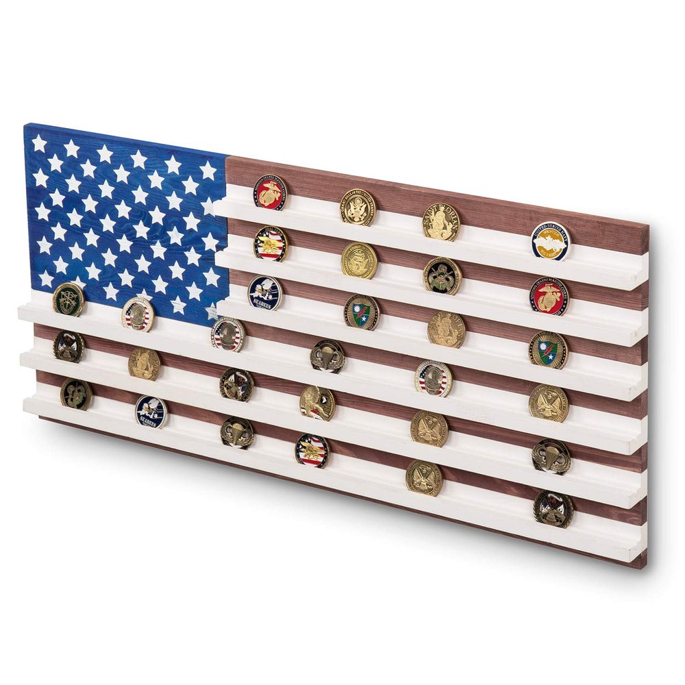 MyGift Solid Wood Wall Mounted Military Challenge Coin Holder Display with Vintage American Flag