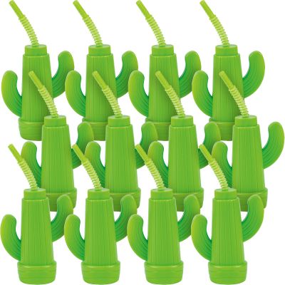 Fun Express 12 Pieces Cactus Shaped Molded 12 oz Cups, BPA Free Plastic, Party Supplies, Light Green - VBS Vacation Bible School Supplies/Decor