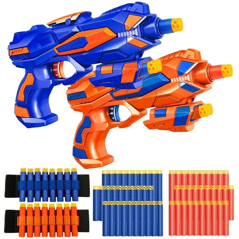 2 Pack Blaster Guns Boys Toy-with 60 Soft Foam Darts Bullets& 2 Wrist Bands-Valentines Gifts for Kids Hand Gun Toys Party Supplies for 3,4,5,6,7,8,9 Years Kids