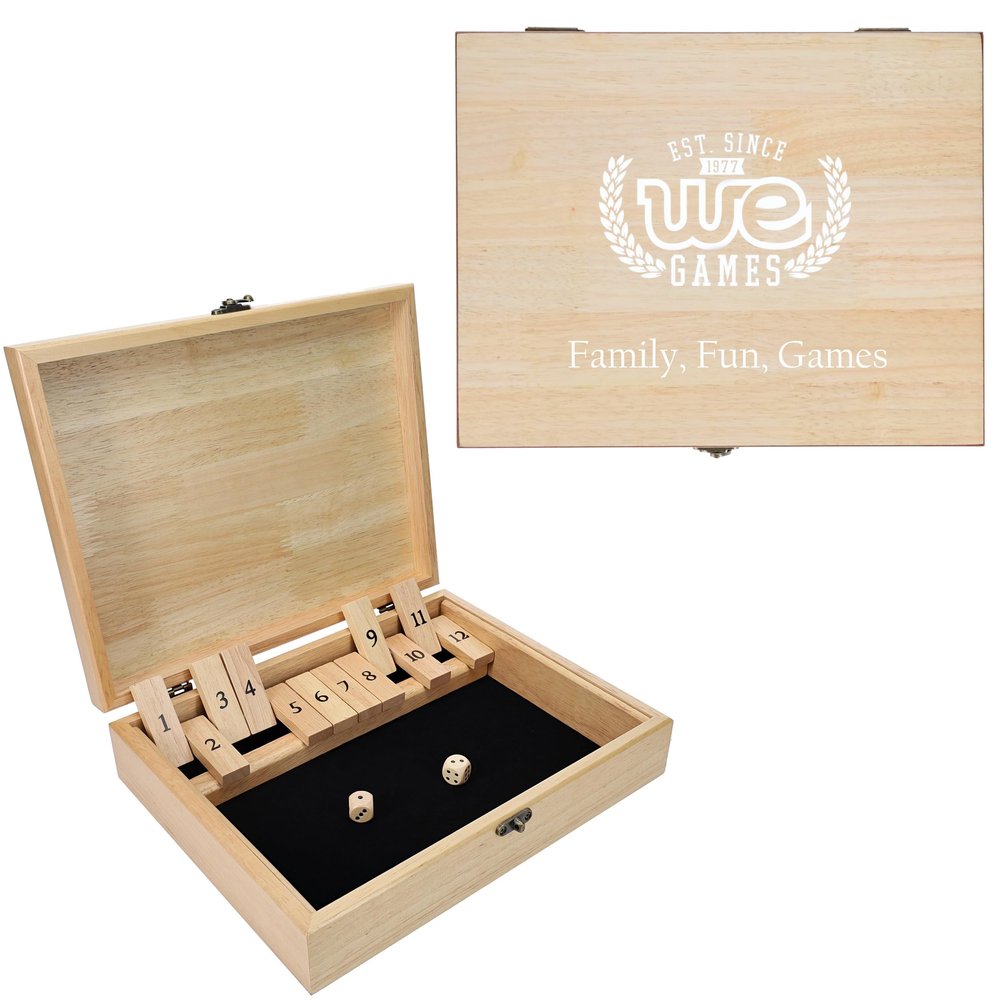 WE Games Custom Logo Printed Shut The Box Game Wooden Dice Games, Personalized Color Printed Logos, Tabletop Bar Game, 12 Number Tiles in Keepsake Natural Wood Stain Wooden Box