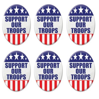 Beistle Patriotic Support Our Troops Metal Party Buttons 6 Piece USA Fourth of July Decorations Costume Accessories, 2", Red/White/Blue