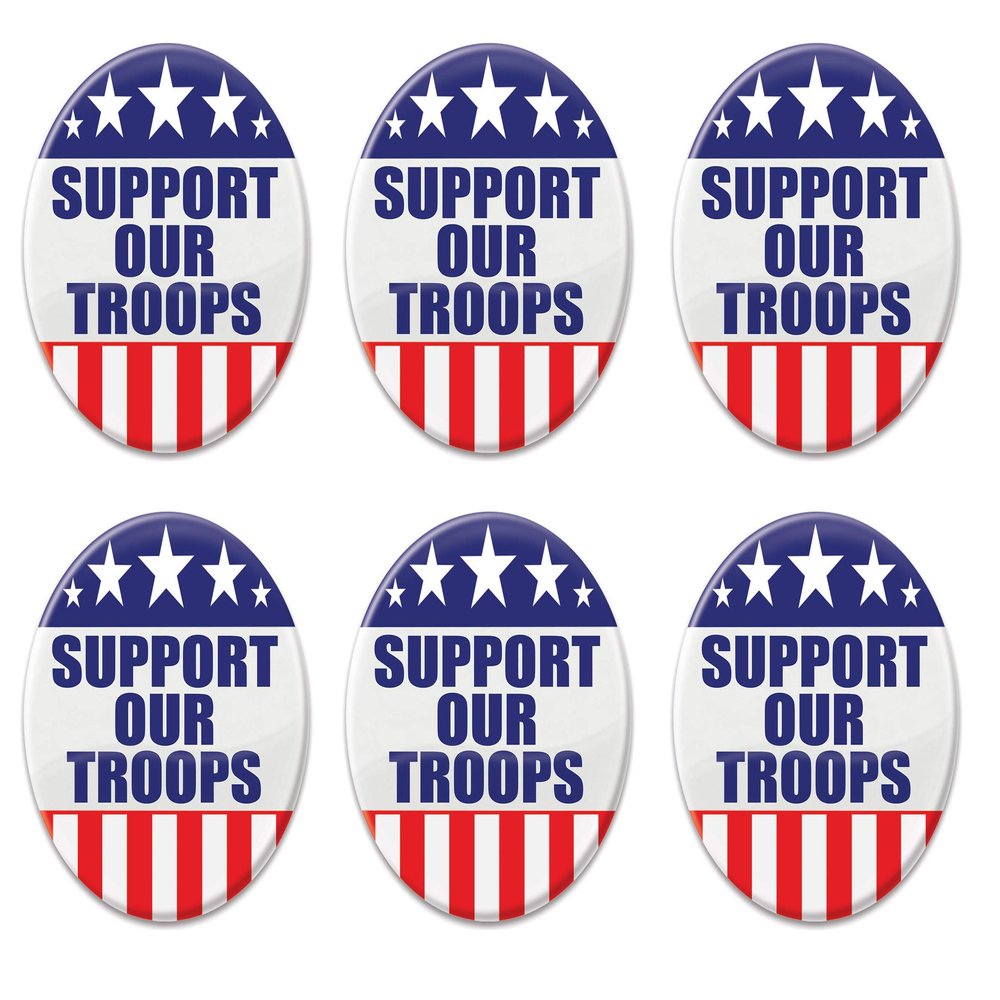 Beistle Patriotic Support Our Troops Metal Party Buttons 6 Piece USA Fourth of July Decorations Costume Accessories, 2", Red/White/Blue