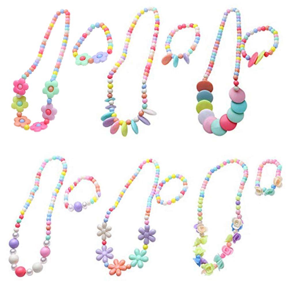 6 Sets Beads Necklace Bracelet Princess Necklace Bracelet Set Lovely Heart Beads Jewelry Kit Costume Necklaces for Pretend Play Dress up Jewelry, Candy Color
