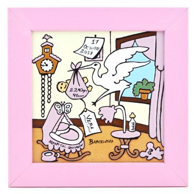 ART ESCUDELLERS Newborn Baby Gift, Baby Boy/Baby Girl. Personalised Newborn Baby Ceramic Picture with Frame, New Baby Gift. Personalised Birth Story Details. Pink 10,04" x 10,04" x 0,59"