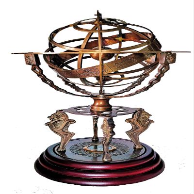 Castle Instruments Antique Brass 18" Armillary Sphere Globe Astrolabe Zodiac Engraved Celestial Globe Wooden Base with Compass & Tiger Pillars