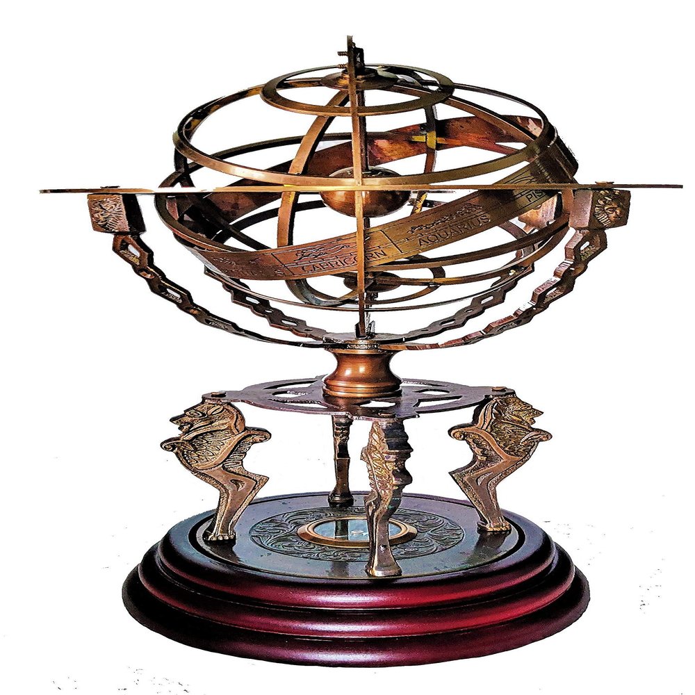 Castle Instruments Antique Brass 18" Armillary Sphere Globe Astrolabe Zodiac Engraved Celestial Globe Wooden Base with Compass & Tiger Pillars