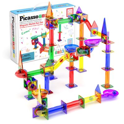 PicassoTiles 50pcs Magnetic Tiles Marble Run for Kids Race Track Toy Marble Maze Sensory Toys for Toddlers STEM Educational Set Magnet Building Blocks Construction Building Tiles Boys Girls 3+ PTG50