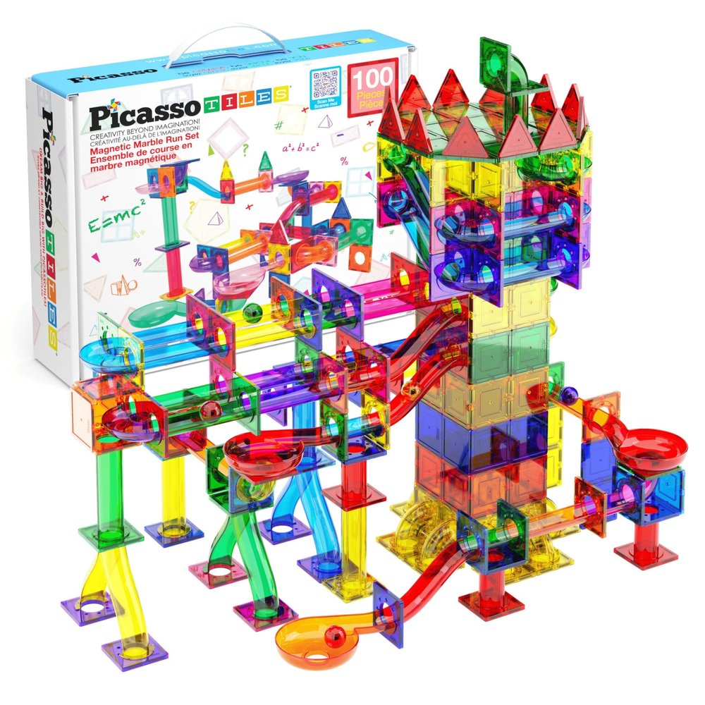 PicassoTiles 100pc Magnetic Marble Run Set with Racing Track Tiles Funnels Curved Slopes and Steel Balls for Kids STEM Construction Indoor Learning Toy That Promotes Focus and Problem Solving PTG100