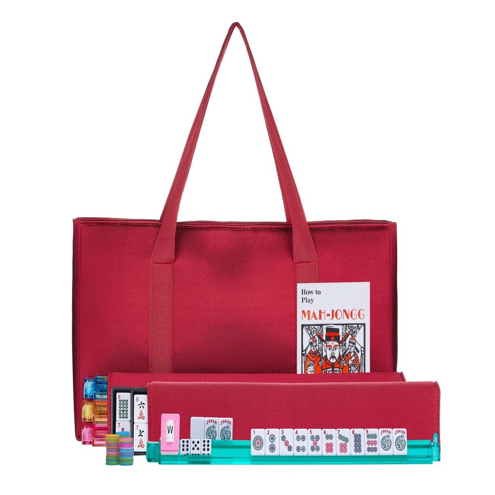 HNDTEK American Mahjong Set - Red Burgundy Soft Bag - 166 White Engraved Tiles, 4 All-in-One Rack/Pushers Western Mah Jongg Game Set