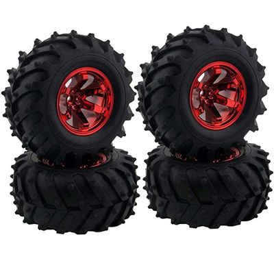 WONFAST 4PCS 1/10 RC Monster Truck Wheel and Tire Set,125mm Rubber Tyres Plastic Wheels Replacement for 1:10 RC Crawler Truck Car for HIMOTO HSP HPI Tamiya Kyosho(Red)