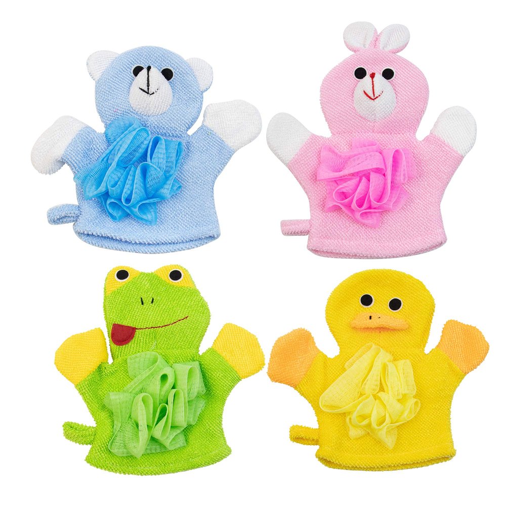 AUEAR, 4 Pcs Cartoon Terry Cloth Bath Sponge Mitts Puppet Cute Hand Puppets Washcloth Mitt Bath Glove