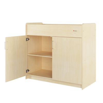 Foundations SafeSwing Daycare Changing Table, Heavy-Duty Wood Cabinet with 2 Storage Shelves, Soft-Close Hinges, Changing Pad Included, Natural