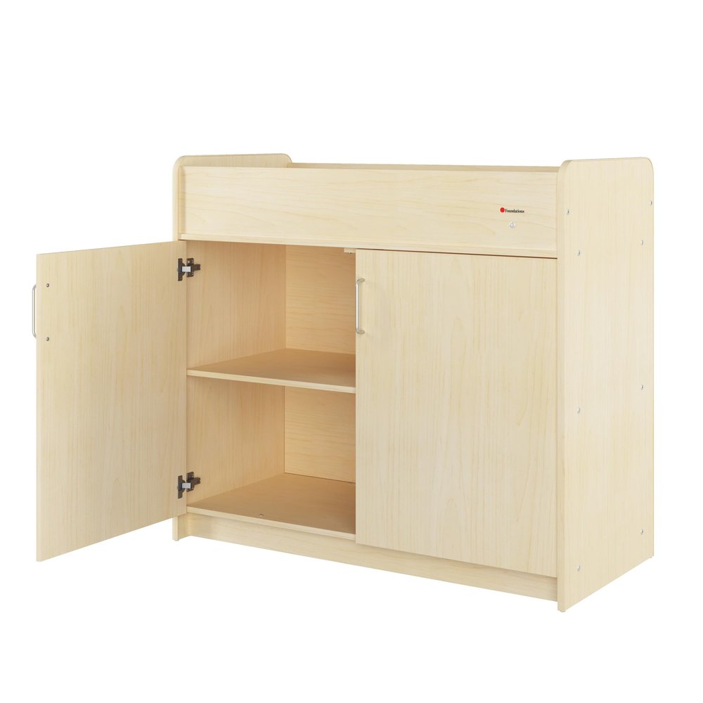 Foundations SafeSwing Daycare Changing Table, Heavy-Duty Wood Cabinet with 2 Storage Shelves, Soft-Close Hinges, Changing Pad Included, Natural