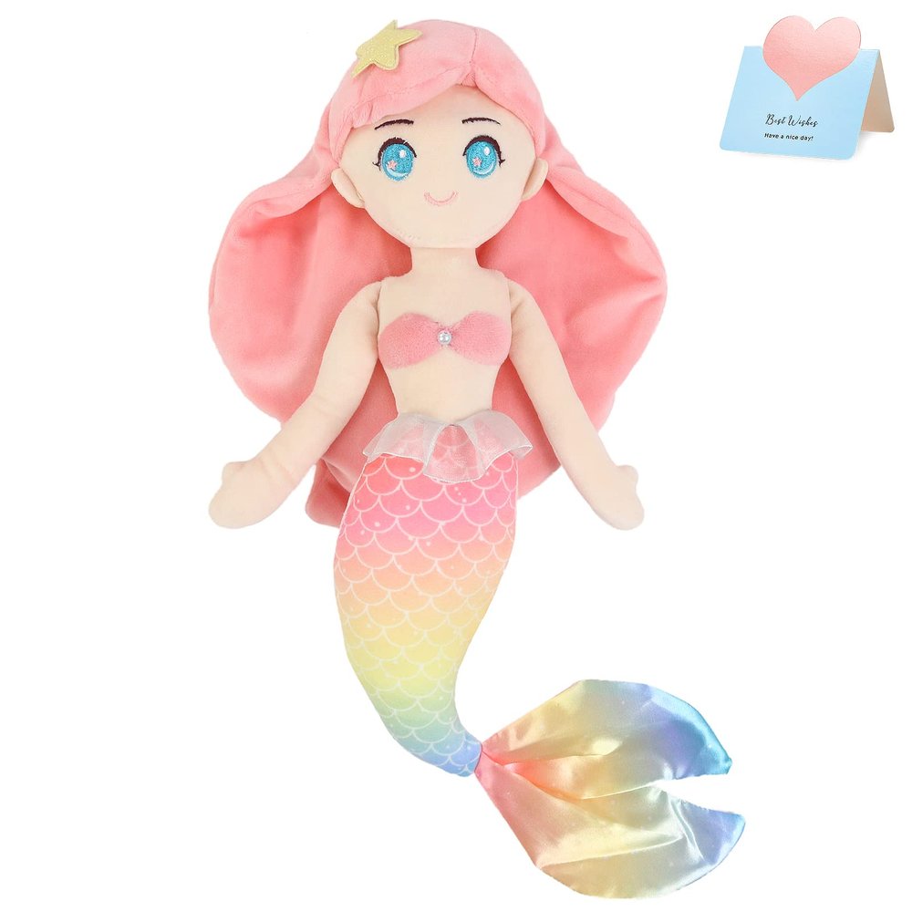 Athoinsu 15.5'' Pink Mermaid Stuffed Animal Soft Cute Adorable Mermaid Princess Plush Toy Doll Birthday Children's Day Decors for Toddler Girls (Pink)