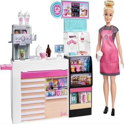 Barbie Coffee Shop with Blonde Curvy Doll and 20+ Realistic Play Pieces: Coffee Shop, Coffee-Smoothie Maker, Milk, Syrup, Coffee & Smoothie Cups & More; for Kids Age 3+