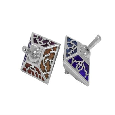 Blue and Turquoise Square heavy Sterling silver dreidel Custom enamel with Jerusalem walls design Hanukkah gift