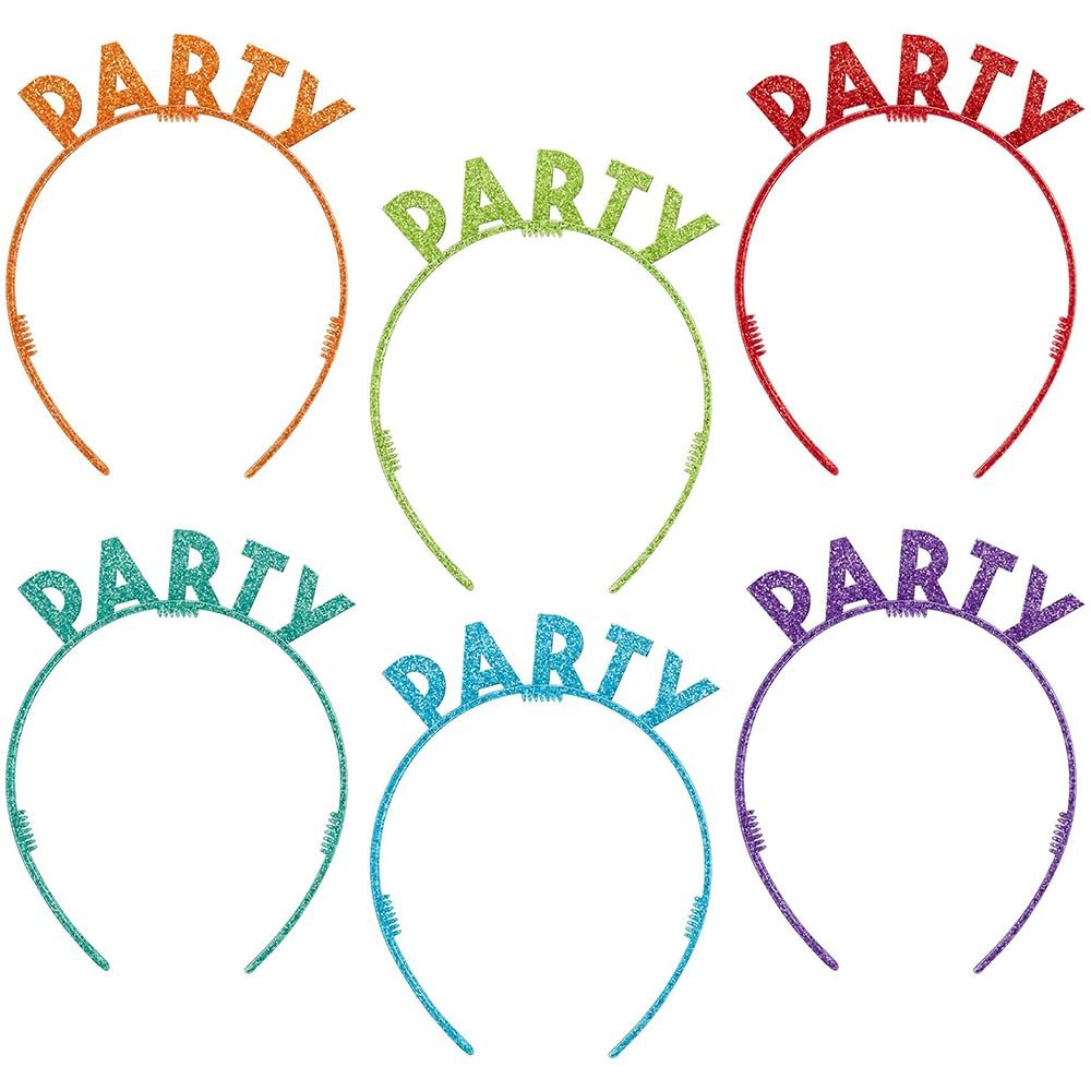 Assorted Colors Birthday Celebration Glitter Plastic Headbands - 4.625" x 5.25" (6 Count) - Perfect Outfit Add-Ons for Themed Celebrations
