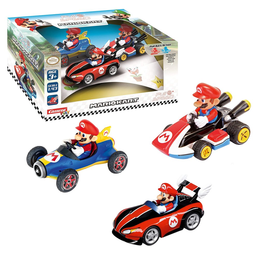 Carrera Pull & Speed 15813016 Official Licensed Kids Toy Car Pull Back Vehicle for Ages 3 and Up - Mario Kart Mario/Wild Wing Mario/Mach 8 Mario