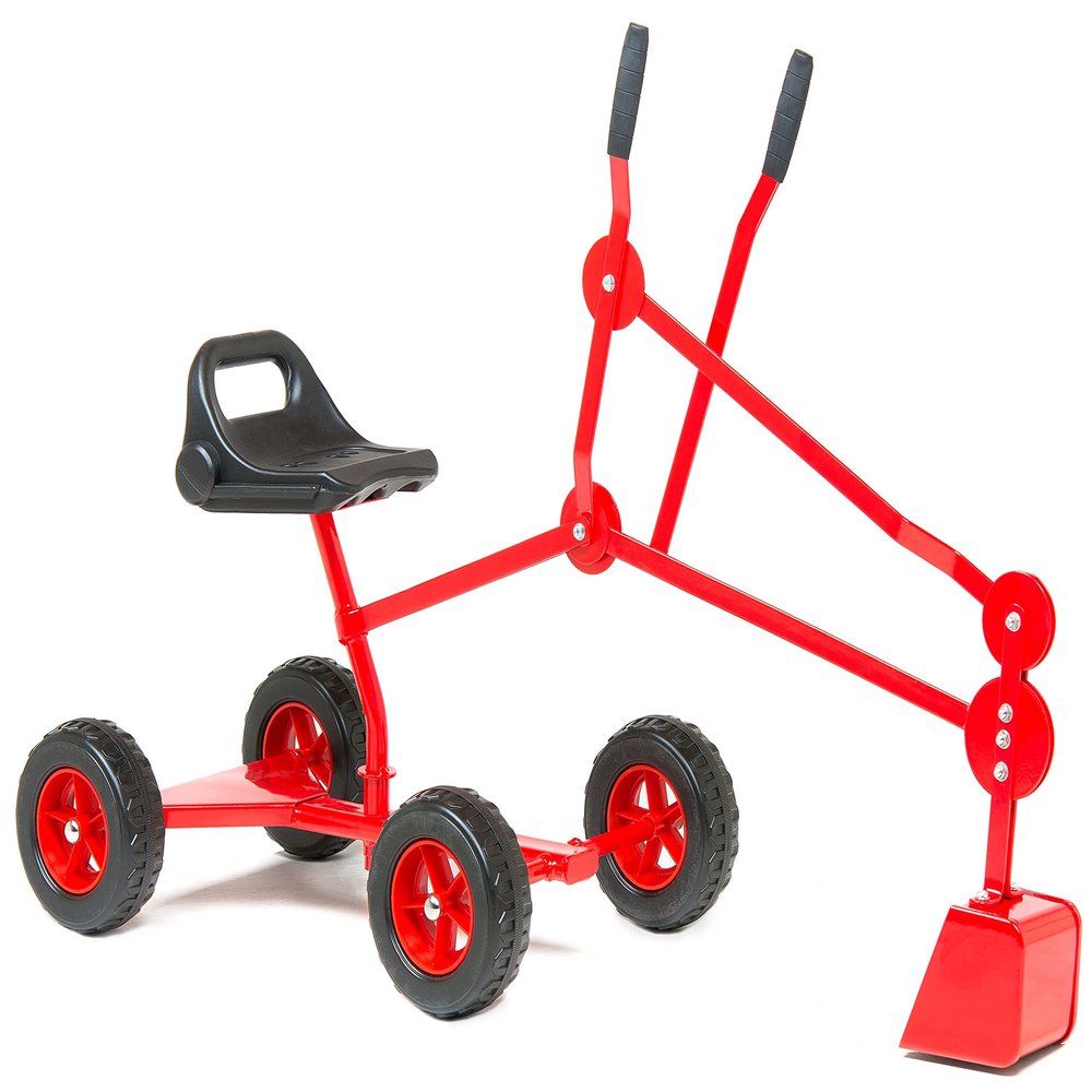 Sandbox Digger Toy Excavator with Wheels- Foldable Playground Equipment for Outdoor Play w/No-Bend, No-Pinch Heavy Duty Metal Ride On Sand Construction Backhoe Fun (Ages 4-12) (red)