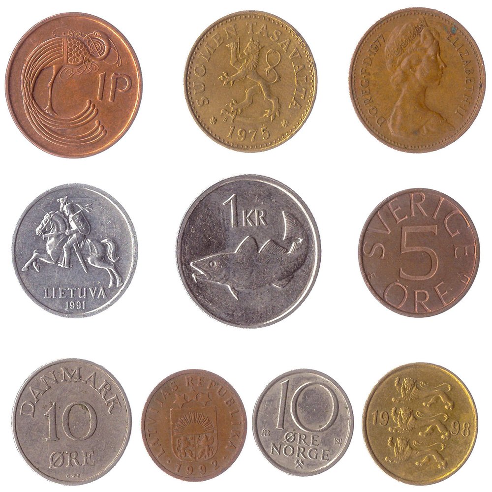 10 Different Coins Picked from These Northern European Countries: Denmark, Estonia, Finland, Iceland, Ireland, Latvia, Lithuania, Norway, Sweden, and United Kingdom.