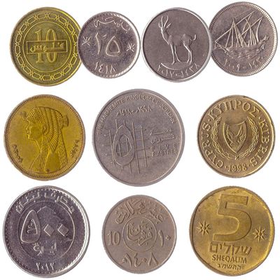 10 Different Coins from Countries in The Middle East. Mostly These Countries: Bahrain, Cyprus, Egypt, Israel, Jordan, Kuwait, Lebanon, Oman, Saudi Arabia, United Arab Emirates, and Turkey