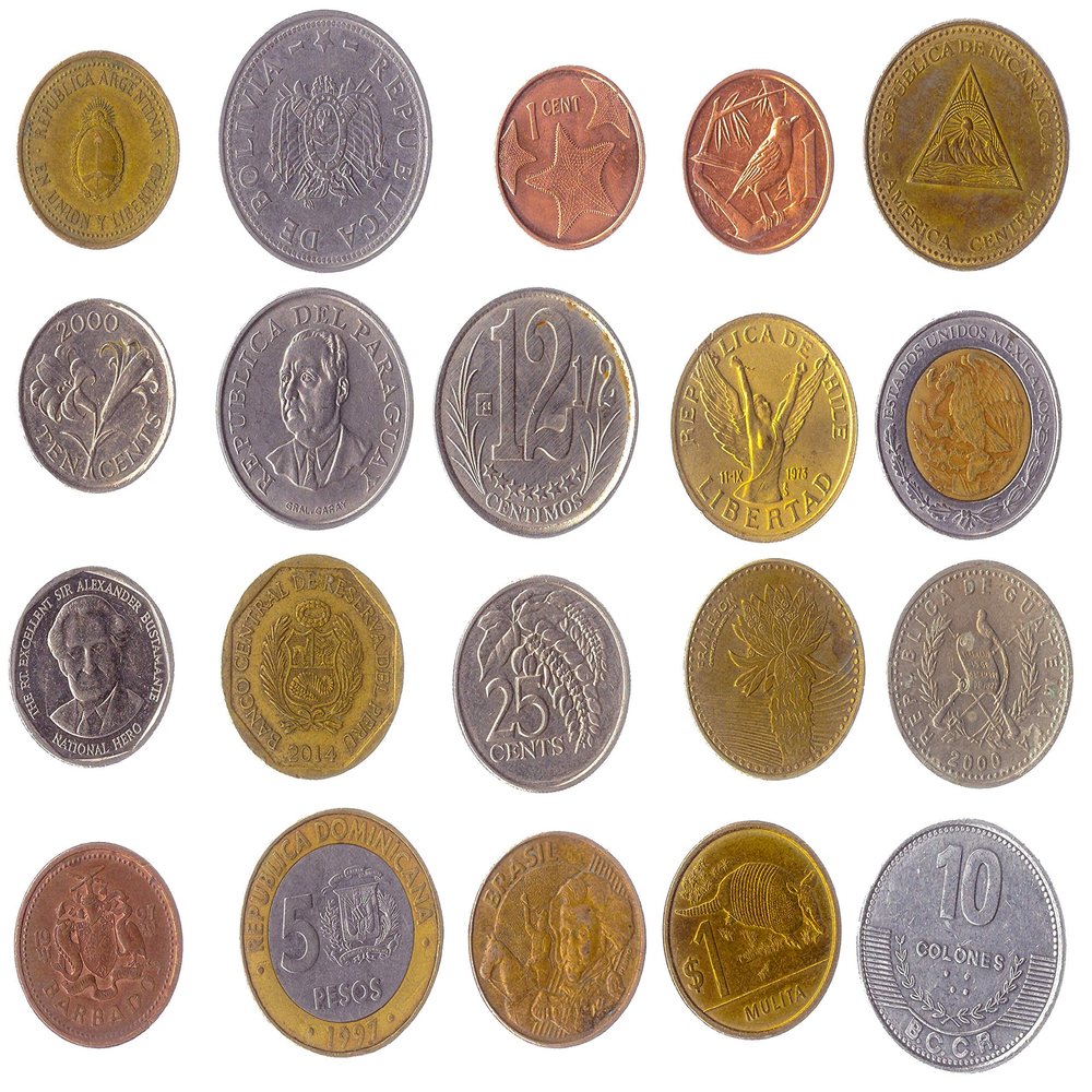 20 Different Coins from The Americas: Latin, Caribbean, Central, Northern, South