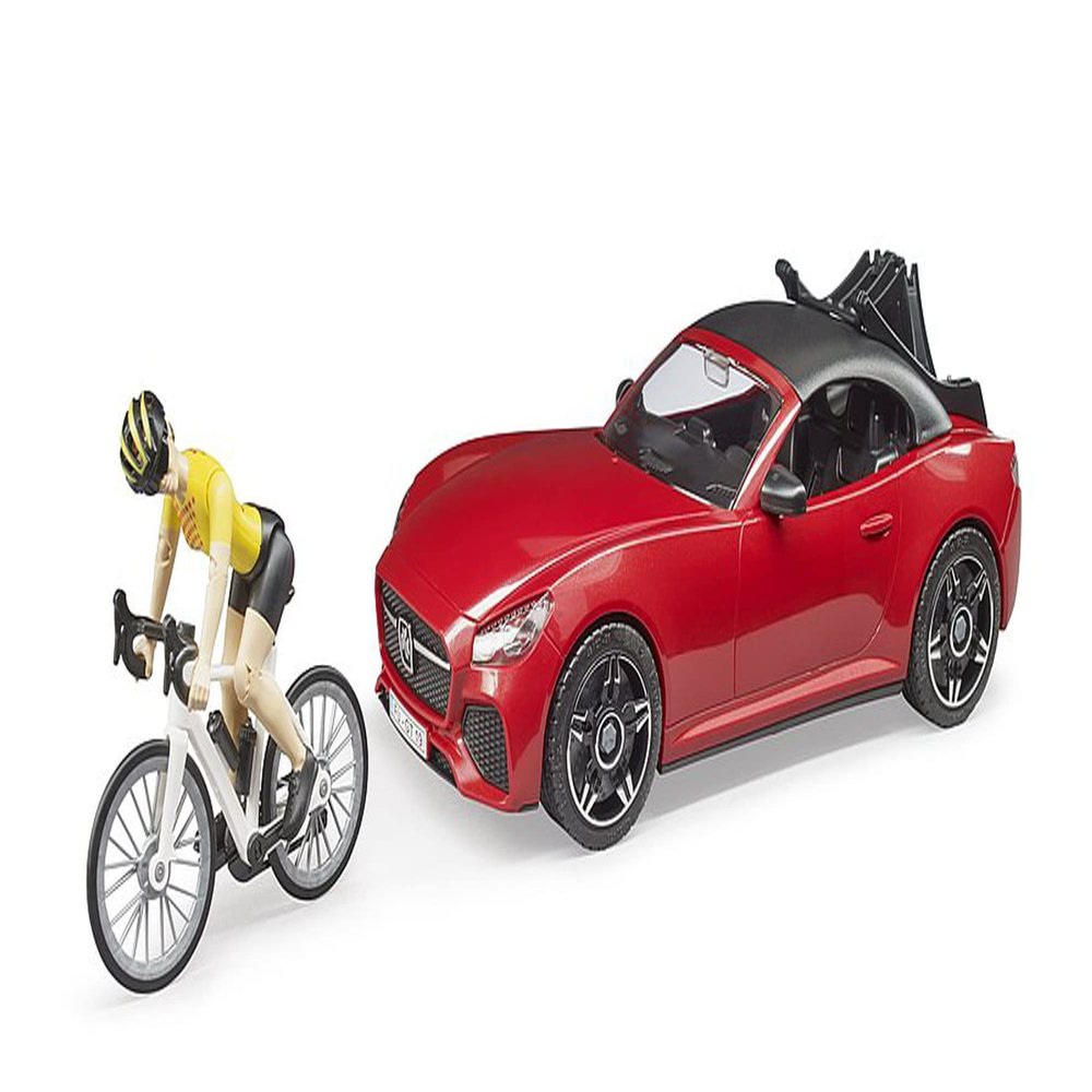 Bruder Toys - Recreational Realistic Roadster Car with Bicycle Rack and Road Bike with Female Cyclist Figure - Car Roof is Removable - Ages 4+