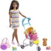 Barbie Dogwalking Doll & Accessories, Stroll & Play Pups Playset with Transforming Stroller, 2 Pets & Handbag, Brunette Doll view 1