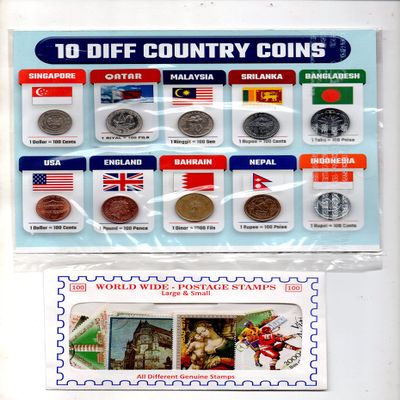 10 Different Countries Superb Coins Pack + 100 Pcs Used Off Paper World Stamps - Rare Historical Collectibles Set