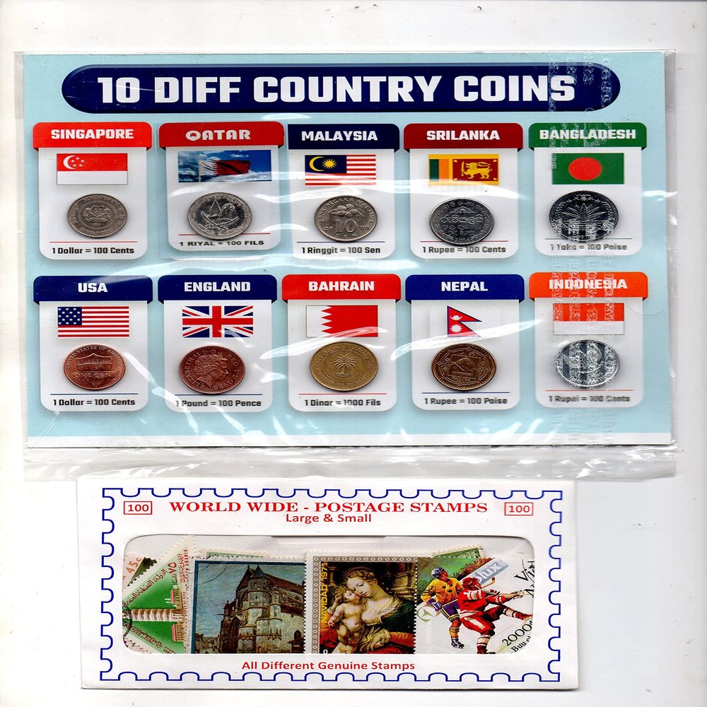 10 Different Countries Superb Coins Pack + 100 Pcs Used Off Paper World Stamps - Rare Historical Collectibles Set