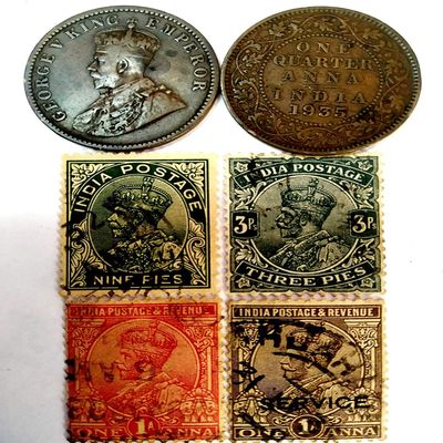 1911-1936 King George KG V Set of 5 British India Old Antique Rare Postage Stamps and Quarter Anna Coin Lot