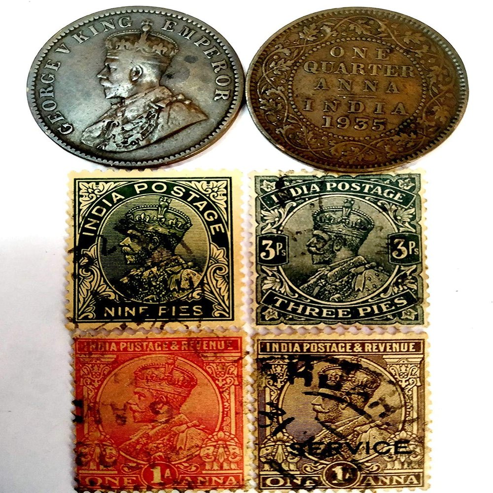 1911-1936 King George KG V Set of 5 British India Old Antique Rare Postage Stamps and Quarter Anna Coin Lot