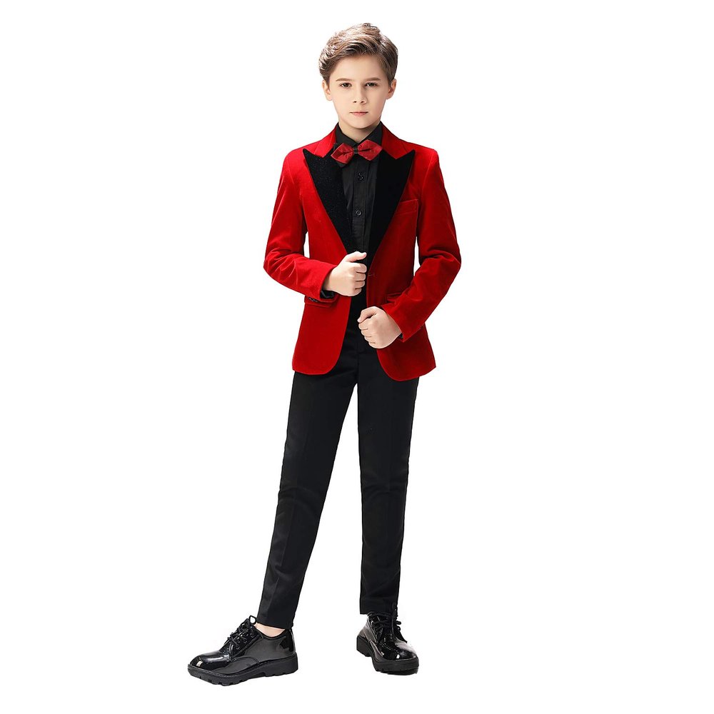 Sxfashbrd Boys Velvet Blazer Tuxedos 2 Pieces Suit Slim Fit Jacket Coats Formal Party Outerwear Costume Red