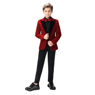 Sxfashbrd Boys Velvet Blazer Tuxedos 2 Pieces Suit Slim Fit Jacket Coats Formal Party Outerwear Costume Dark Red